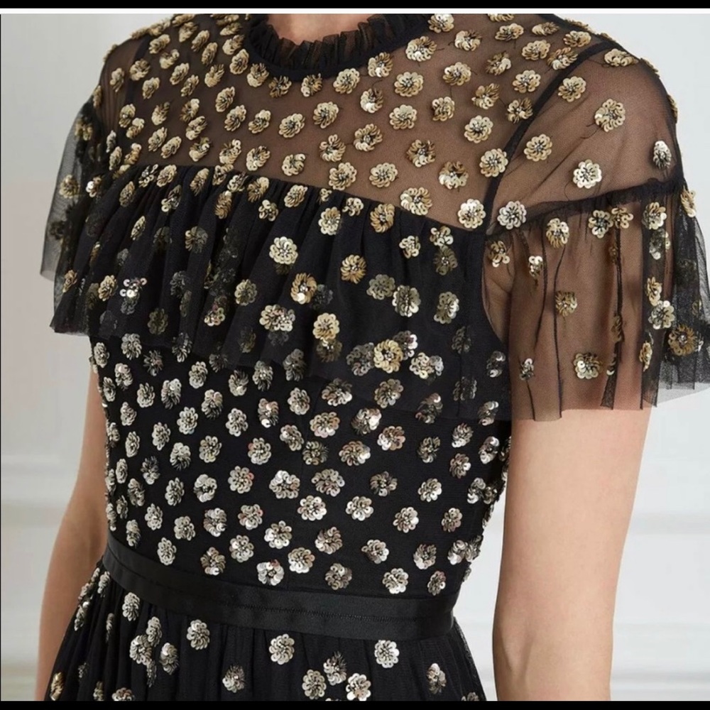 Needle and Thread black dress with gold sequins